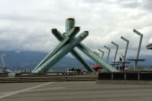 The Olympic Torch on the shore of Vancouver Bay. A fascinating sculptural site during the day.